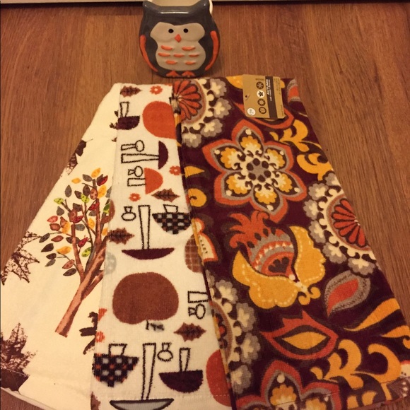Holiday 3 Fall Themed Kitchen Towels Owl Candle Holder Poshmark